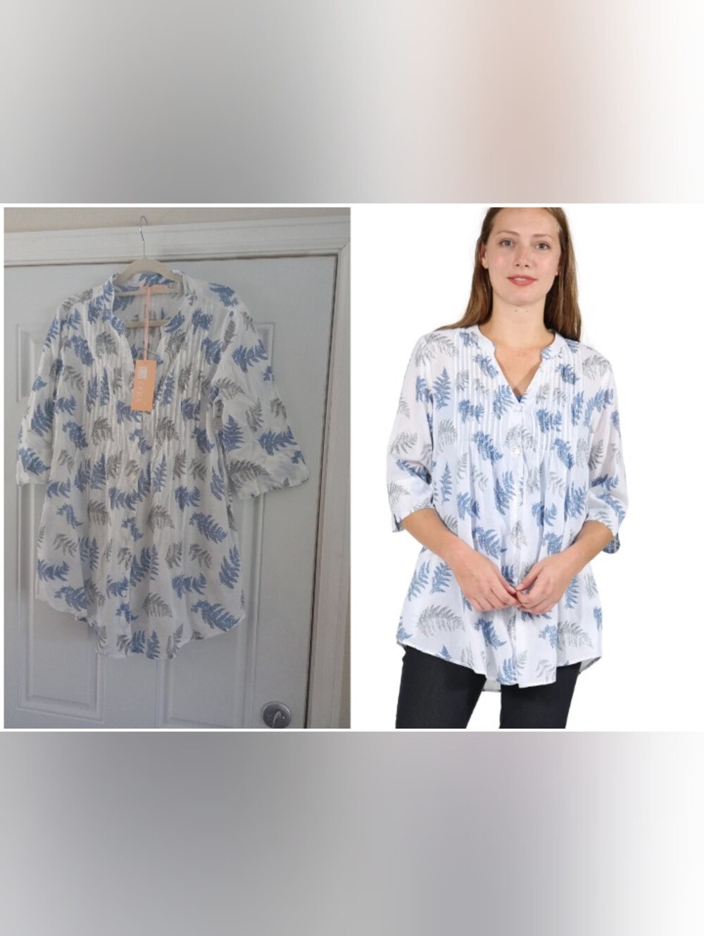 LA CERA Pleat Front 100% Cotton Top 3/4 Sleeve Floral Print Banded Neckstyle M